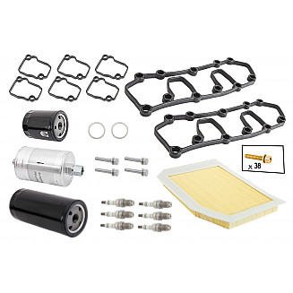 Service kit containing (the 3 filters + drain plug seal + spark plugs + rocker cover gaskets with fastenings)